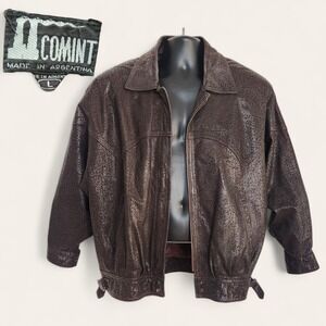 VTG Men's Lg Brown Comint Leather Bomber Jacket Elephant Cement Print Textured